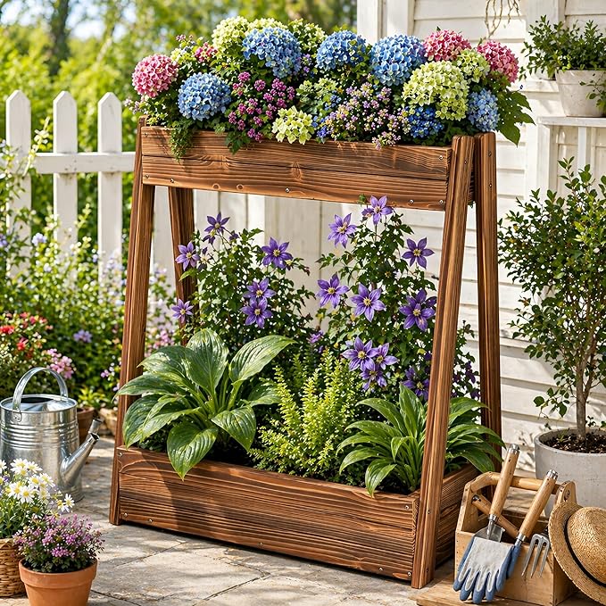 2-Tier Elevated Raised Garden Bed, 36" H Fir Wood Planter Box with 23" Growth Space for Tall/Climbing Plants, Drainage Holes & Non-Woven Liner, Outdoor Garden Planter for Patio Balcony Backyard