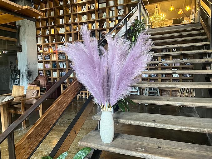 Premium Faux Lilac Purple Pampas Grass – 43.3" Tall Fluffy Decor, 8pcs 18-Branch One-Piece Stems No Assembly, Luxury Silk-Feel Feather Flowers for Boho Wedding Dreamy Home Decor, Lavender 8 Stems110cm