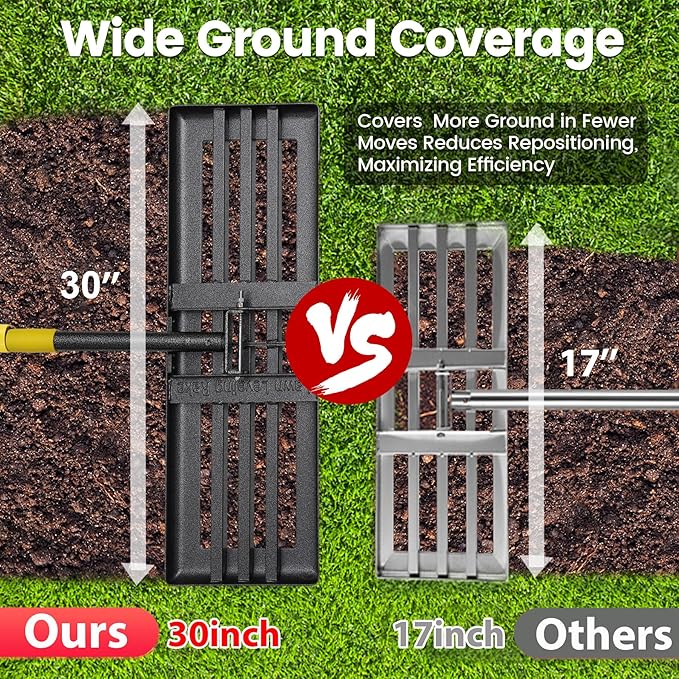 Lawn Leveling Rake - Heavy Duty 30" x 10" Lawn Leveler,Anti-Flip Edge, Adjustable 5FT Handle, Folding Plate for Yard, Soil, Sand, Topsoil Spreader - Garden Ground Top Dressing,Landscaping Tool