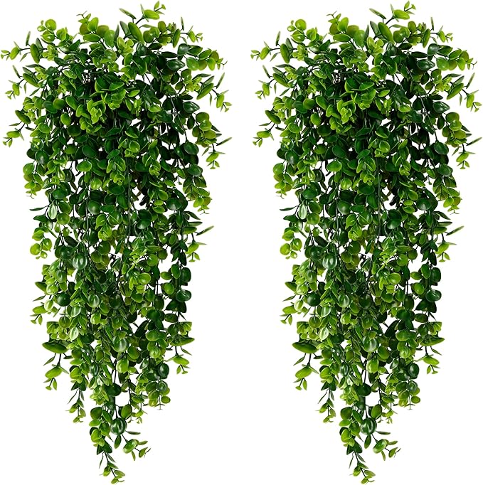 Sggvecsy 8 Pack Artificial Hanging Plants Fake Hanging Plant Faux Hanging Eucalyptus UV Resistant Plastic Plants for Indoor Outdoor Room Wall Wedding Patio Porch Decor