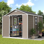 UDPATIO Outdoor Resin Storage Shed 8 x 10 FT, Plastic Storage Shed with Floor Large Outdoors Garden Tool Storage Shed Outside Clearance Shed with Lockable Door for Bike, Backyard, Patio, Brown