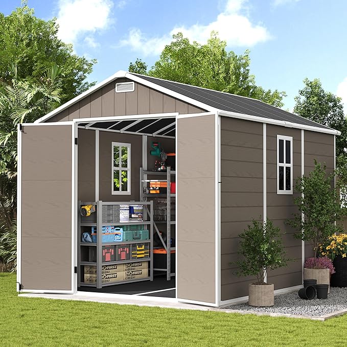 UDPATIO Outdoor Resin Storage Shed 8 x 10 FT, Plastic Storage Shed with Floor Large Outdoors Garden Tool Storage Shed Outside Clearance Shed with Lockable Door for Bike, Backyard, Patio, Brown