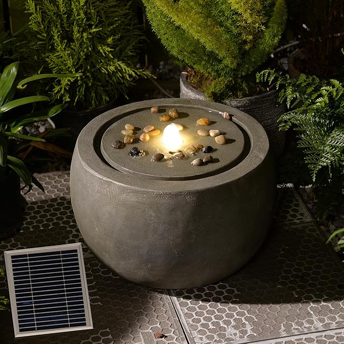 Tankana Solar Water Fountain Outdoor Garden Bubbler Water Feature Fountains Solar Powered with Pebbles for Patio Deck Yard Home Decor Gray, 18 "L x 18" W x 11.5" H