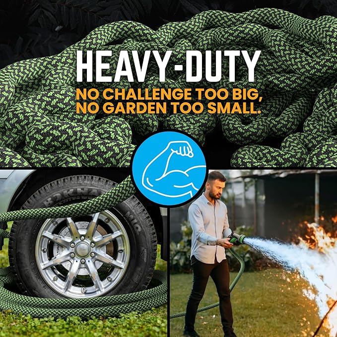 PowerFlow Garden Hose, NON-EXPANDABLE 50 Feet Premium Quality Stainless Steel Metal Water Hose with Durable Fabric Skin, Hose For Commercial, Residential Use, Bonus 10-way Spray Nozzle (50 Ft, Green)