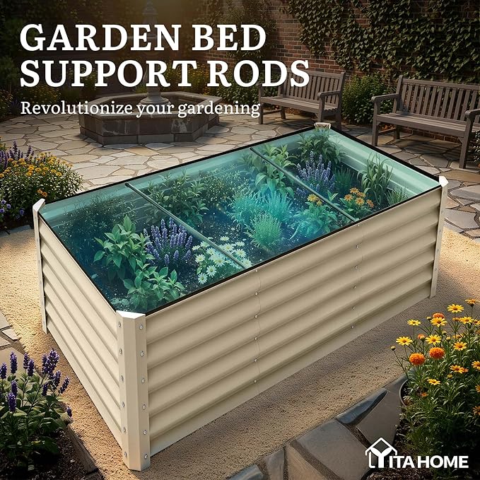 YITAHOME 8x4x3ft Large Raised Garden Bed Kit, Galvanized Metal Planter Box with Gloves, Support Rod & Safety Rubber, Outdoor Above Ground Planters for Plants Vegetables Flowers, Cream Yellow