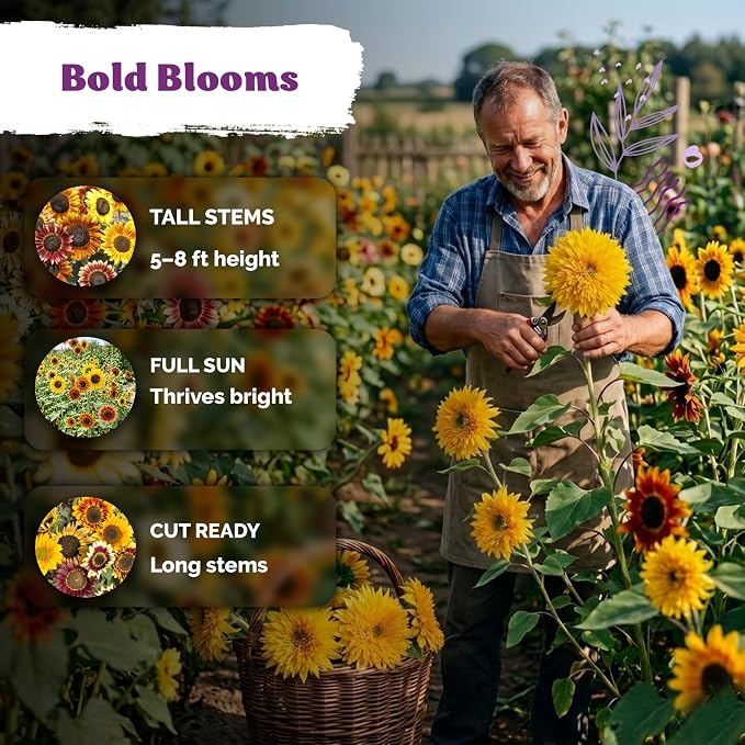 KVITER 525 All Sorts Mix Sunflower Seeds (Helianthus Annuus) – Colorful Common Sunflower Mix, Flower Seed Packets - Annual Flower Seeds for Outdoor Garden & Borders, Ideal for Fresh Cut Flowers