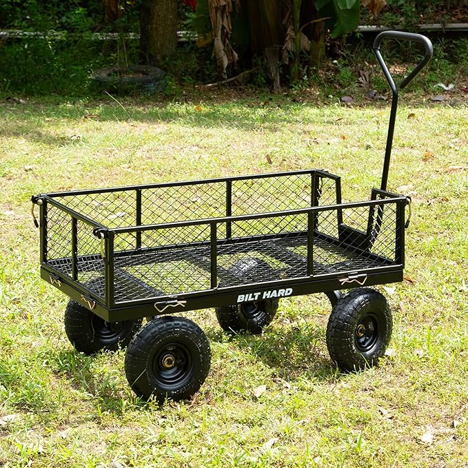 BILT HARD Heavy Duty 880 Lbs Capacity Mesh Steel Garden Cart, 4 Cu.Ft Heavy Duty Garden Cart with 180° Rotating Handle, Removable Sides, All Terrain Wheels, Capacity Utility Steel Wagons for Yard