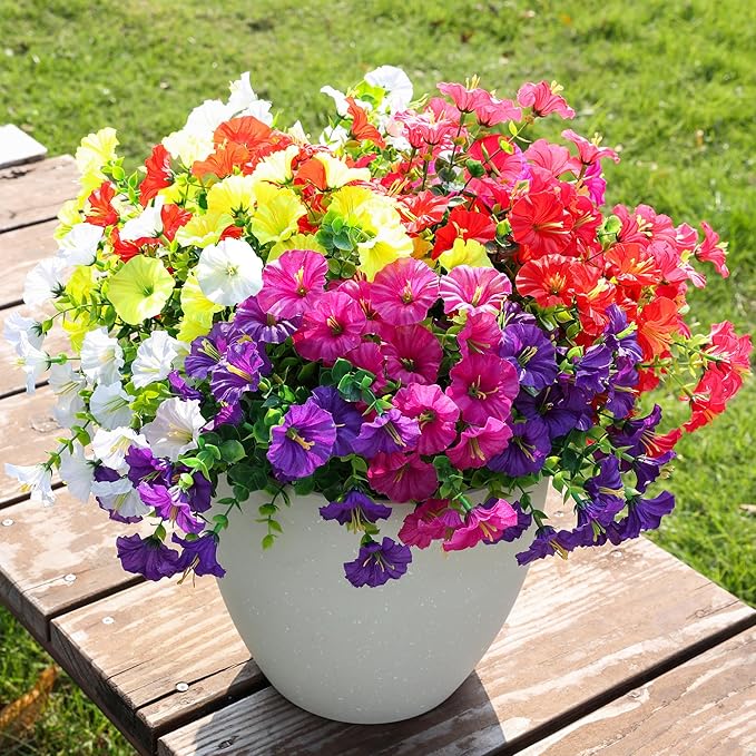 HyeFlora Artificial Flowers for Outdoors Fake Plants Outside Decoration, 12 Bundles Silk Colorful Morning Glory with Eucalyptus UV Resistant Realistic Faux Flowers for Planter Porch Patio Yard Garden