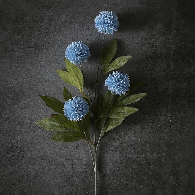 VIERENA 6 Pcs Faux Silk Pompon Mum Artificial Flowers for Vase -27", Bulk Fake Chrysanth Branches with Stems for DIY Bouquet Centerpieces Wedding Fillers Arrangements Shower Decorations (Dusty Blue)