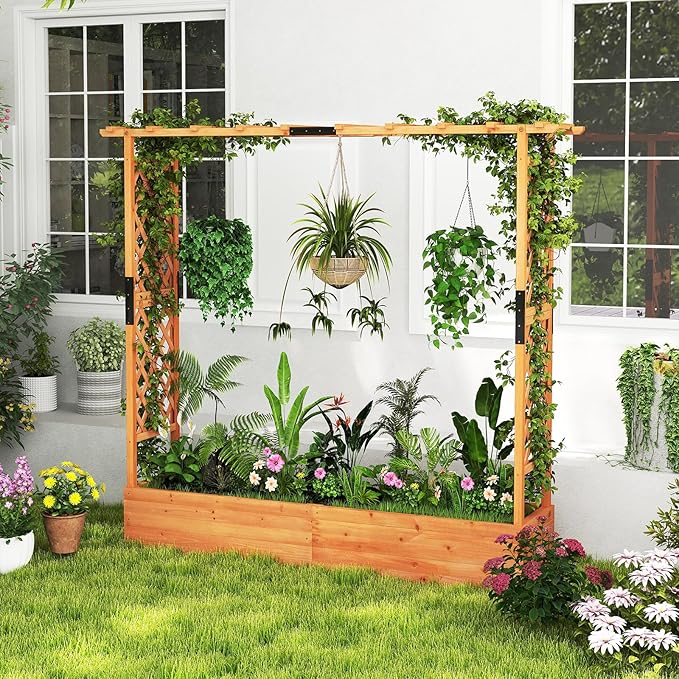 HAPPYGRILL Raised Garden Bed with Trellis, Freestanding Wood Planter Box w/Hanging Roof & Drainage Holes for Vine, Climbing Plants, Flowers, Outdoor Planter with Trellis for Garden, Patio, Yard (2)