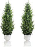 Realistic Artificial Cedar Tree with Planter Set of 2,Faux Topiary Cypress Plant for Home,Office,Living Room,Porch Indoor Outdoor Decor,No Maintenance Fake Evergreen Shrub (3.5FT White)