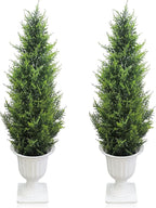 Realistic Artificial Cedar Tree with Planter Set of 2,Faux Topiary Cypress Plant for Home,Office,Living Room,Porch Indoor Outdoor Decor,No Maintenance Fake Evergreen Shrub (3.5FT White)