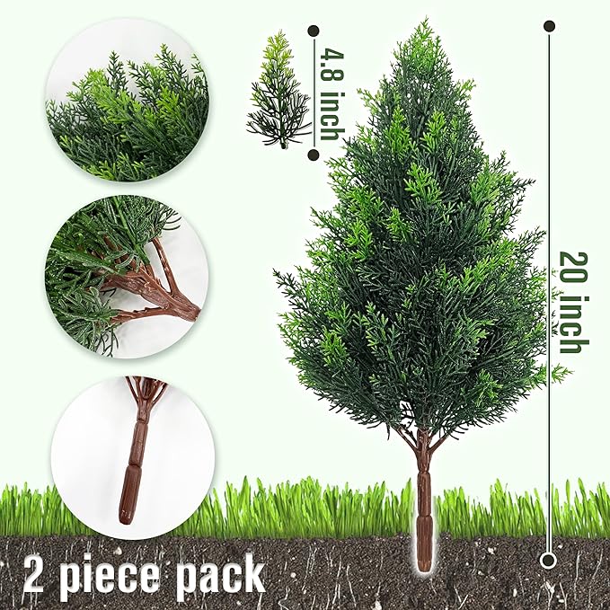 Artificial Cedar Topiary Plants: 20 Inch (2P) UV Resistant Faux Pine Stems Shrubs Plastic Greenery for Outdoor Indoor Home Decor, Garden, Front Porch, Office, Restaurant & Holiday Party