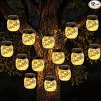 12 Pack Solar Lanterns Outdoor Waterproof, Crackle Glass Hanging Lights with Warm Glow, Waterproof Outside Lights for Tree Shepherd Hook Fence Patio Yard Decor & Gifts for Women Mom