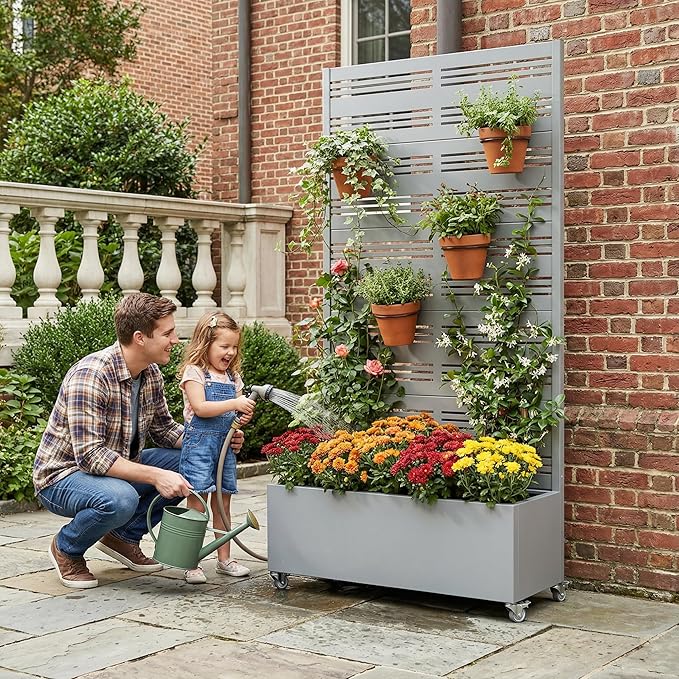 Casaphoria Metal Raised Garden Bed with Trellis and Wheels, 72"x35"x16" Planter Box for Climbing Plants, Vegetables & Vines, Features Drainage Holes and Privacy Screen, Grey-Harold