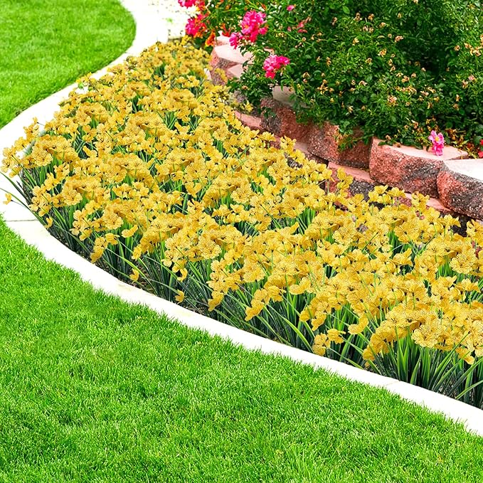 Ouddy Decor 24 Bundles Artificial Flowers for Decorations Fake Silk Plants for Outdoor Indoor UV Resistant Faux Plastic Greenery Stems for Window Garden Porch Home Spring Summer Decoration, Yellow