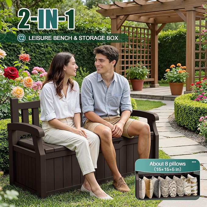Devoko 80 Gallon Storage Bench Deck Box Lockable for Patio Furniture, Garden Decor and Outdoor Seating for Cushions, Garden Tools and Pool Supplies(Dark Brown)