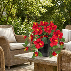 Briful 15.7'' Artificial Hibiscus Plant in Tall Black Woven Planter, Tropical Faux Hibiscus Flowers with Cascading Leaves, Small Fake Flower Pot for Bathroom, Entryway Table, Living Room Decor, Red