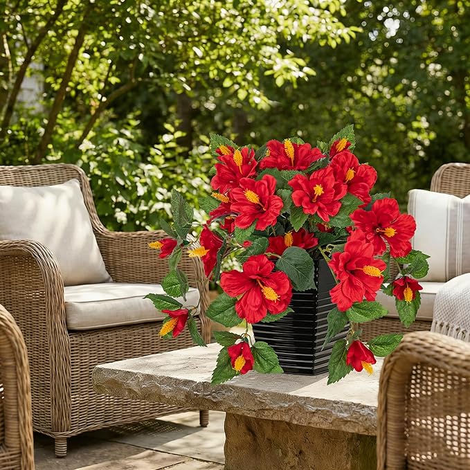 Briful 15.7'' Artificial Hibiscus Plant in Tall Black Woven Planter, Tropical Faux Hibiscus Flowers with Cascading Leaves, Small Fake Flower Pot for Bathroom, Entryway Table, Living Room Decor, Red