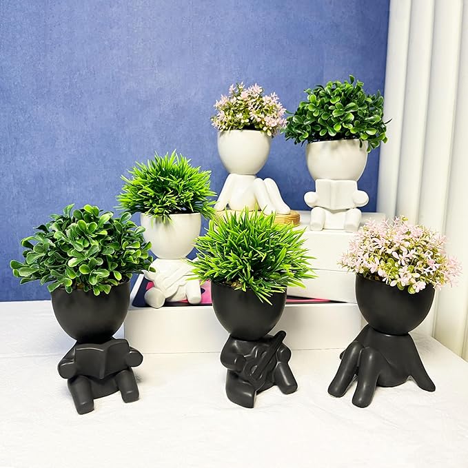 3 Packs Creative Small Fake Plants Artificial Succulents in Ceramic Human Shaped Pots Cute Office Plants For Desk Home Decor Funny Premium Ceramic Faux Succulent Perfect Humorous Gift Idea(3, White)