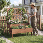 Giantex Raised Garden Bed with Trellis, 2-Tier Standing Planter Box with Legs and Drain Holes, Outdoor Elevated Garden Trellis for Vine Climbing, Flower Vegetable Fruit Herb Growing, Coffee Brown