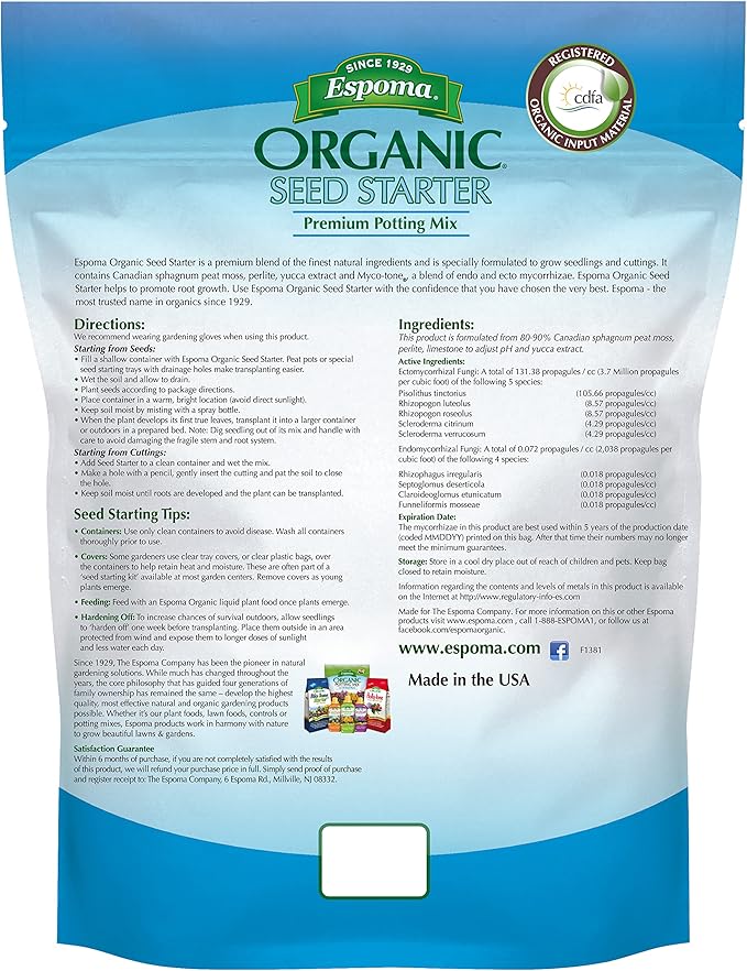 Espoma Organic Seed Starter Premium Potting Soil Mix - All Natural & Organic Seed Starting Mix with Mycorrhizae. for Organic Gardening, 8 qt, Pack of 2