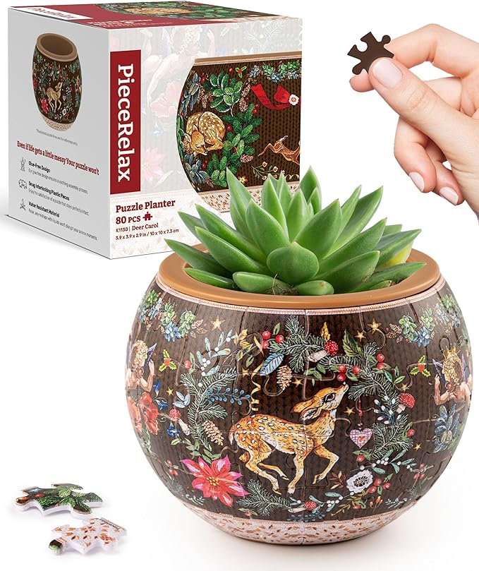PieceRelax 3D Puzzle Planter 80 Pieces - Deer Carol, for Mom, Home Decor Flower Pots for Indoor Cactus, Succulents Pots [K1130]