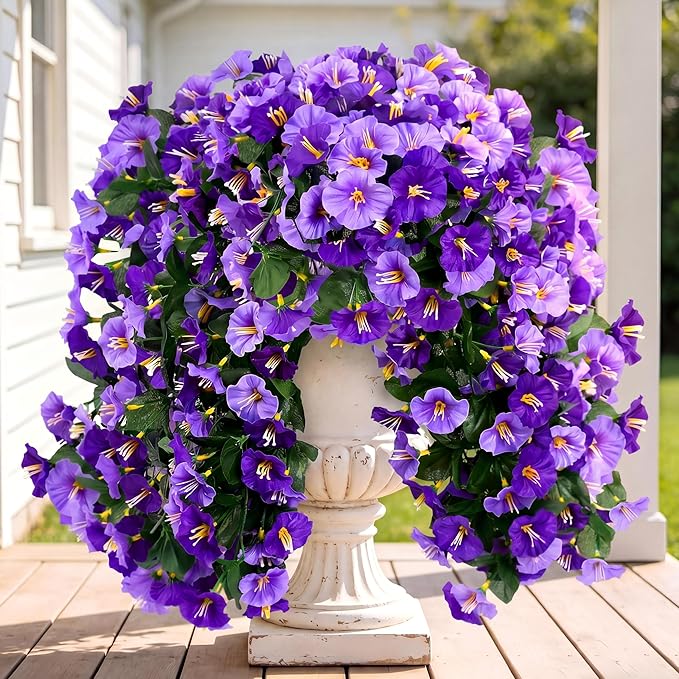Sggvecsy Artificial Fake Hanging Flowers Plants Outdoor Outside Spring Summer Decoration 2PCS Faux Silk UV Resistant Morning Glory Trailing Vines for Home Porch Patio Balcony(Purple & Light Purple)