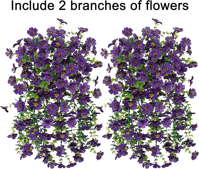 HyeFlora Artificial Flowers for Outdoors Garland Decoration, 2Pcs Dark Purple Fake Hanging Flowers, UV & Fading Resistant, Faux Decor for Home Porch Patio Balcony Planter Yard