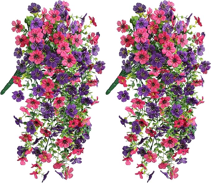 HyeFlora Artificial Flowers for Outdoors Decoration, 2Pcs Fake Hanging Spring Summer Decor, Purple and Hotpink Realistic Plants, UV & Fading Resistant Silk Flower for Porch Patio Balcony Planter Yard
