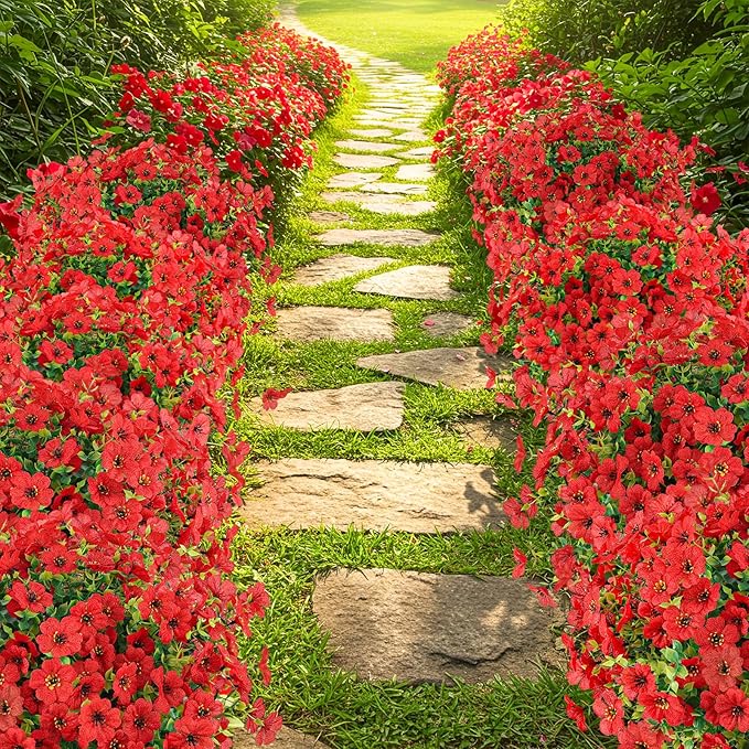 ATTGREAT Artificial Flowers Outdoor Faux Plants UV Resistant Fake Patio Flowers Plastic Greenery Plnats Outside Bulk for Spring Garden Hanging Planter Home Vase Decor, 12 Bundles (Red)