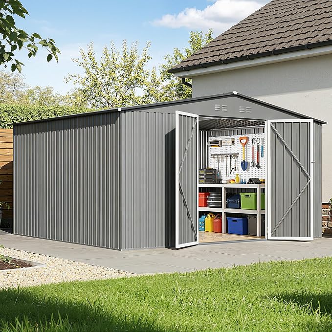 12 x 10FT Sheds & Outdoor Storage, Grey Metal Waterproof Storage Shed with Door and Lock Outdoor Shed,All-Weather Shelter for Bike, Gardening Tools, Lawn Mowers