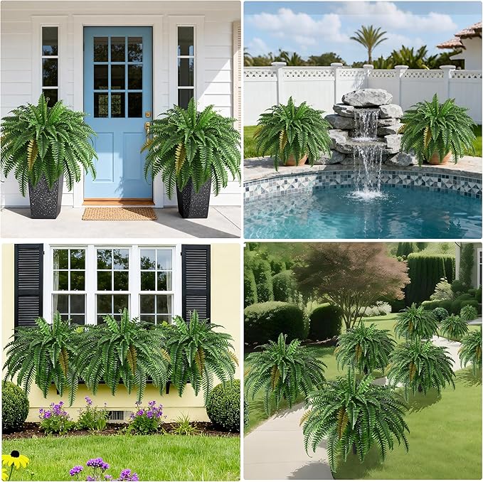 2PCS 45in Fake Ferns- Large Artificial Plants Outdoor, UV Resistant Artificial Ferns for Outdoors, 60 Branches Faux Boston Fern Realistic Weatherproof Fake Plants for Porch Home Patio Hanging Decor