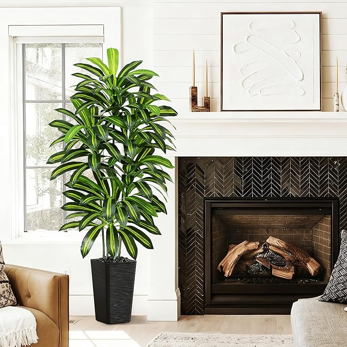 Artificial Dracaena Tree - 6FT Tall Fake Plants with Black Square Planter - Artificial Plants Indoor Floor Plant in Pot - Large Tropical Fake Yucca Potted Tree for Home Office Living Room Decor