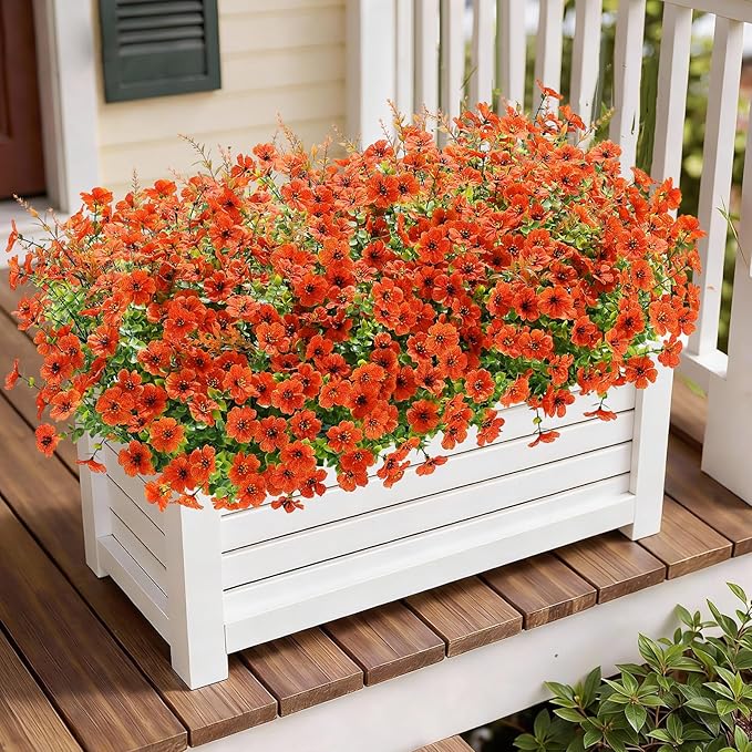 SHareconn 48 Bundles Artificial Flowers for Outdoors Decoration, Faux Plants Fake Silk Colorful Daisy Eucalyptus Lavender, UV Resistant for Outside Home Porch Patio Indoor Spring Decor, Orange