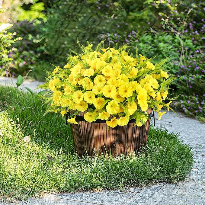 Artificial Flowers for Outdoors 12 Bundles Yellow Artificial Petunias Fake Flowers UV Resistant Shrubs Plants with Fern for Indoor Outside Hanging Planters Home Garden Spring Decorations