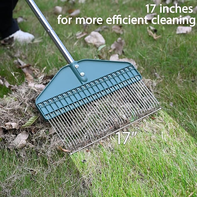 YEELOR Thatch Rake with 66 Inch Adjustable Handle, 17 Inch Wide Durable Dethatcher Rake, Ideal for Garden, Yard and Lawn, Used for Removing Thatch, Pine Needles, Burrs and Acorns