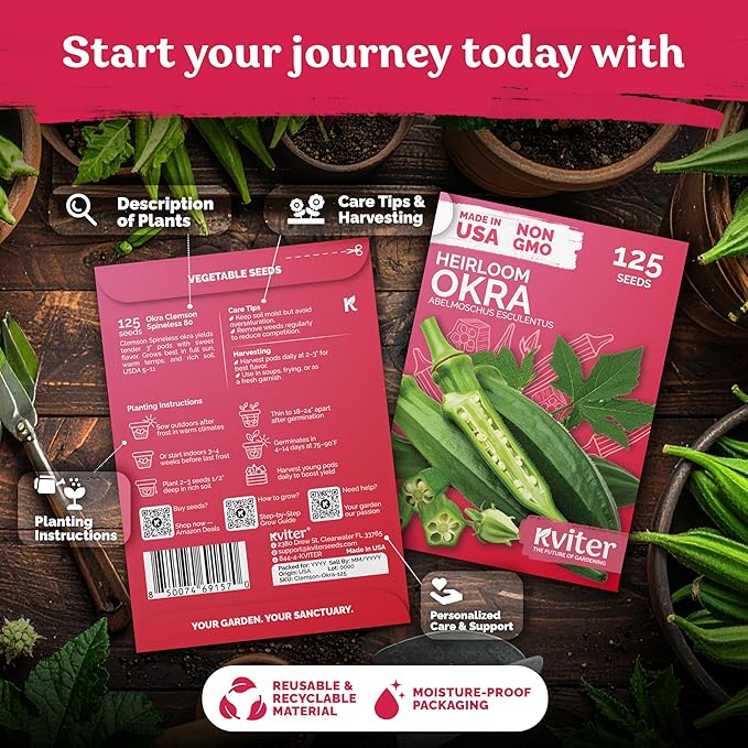 KVITER 125 Clemson Spineless 80 Okra Seeds for Planting (Abelmoschus esculentus) – Heirloom & Organic Okra, Spineless Pods, Heavy Yields – Vegetable Seeds to Plant in Outdoor Garden