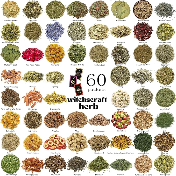 60 Pcs Labeled Dried Herbs and Flowers Kit for Witchcraft, Individually Packed Botanicals for Spell Jars, Altar Decor, Resin, Soap Making and Candle Decoration