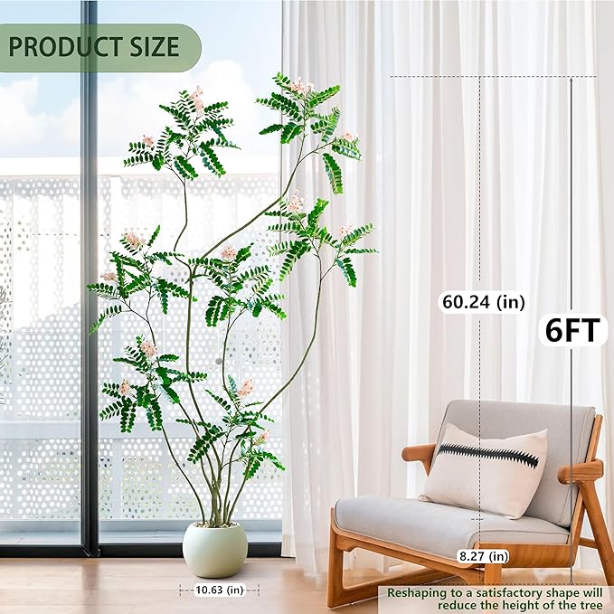 Artificial Mahonia Fortunei Tree - 6FT Artificial Plants Indoor, Fake Floor Plant with White Planter, Tall Sumac Faux Plants for Decor Indoor Home Sala Office Hotel Patio Studio（Pink