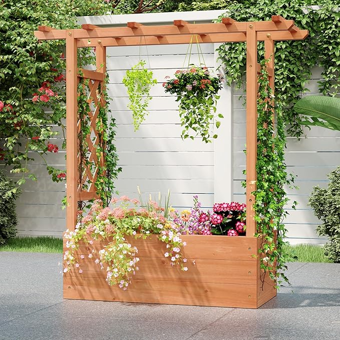HAPPYGRILL Raised Garden Bed w/Trellis, 2 Wooden Elevated Planter Box w/Hanging Roof, Drainage Holes & Removable Bottom Panels for Climbing Vine Flower, Indoor Outdoor Wood Planter for Yard Patio