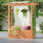 HAPPYGRILL Raised Garden Bed w/Trellis, 2 Wooden Elevated Planter Box w/Hanging Roof, Drainage Holes & Removable Bottom Panels for Climbing Vine Flower, Indoor Outdoor Wood Planter for Yard Patio
