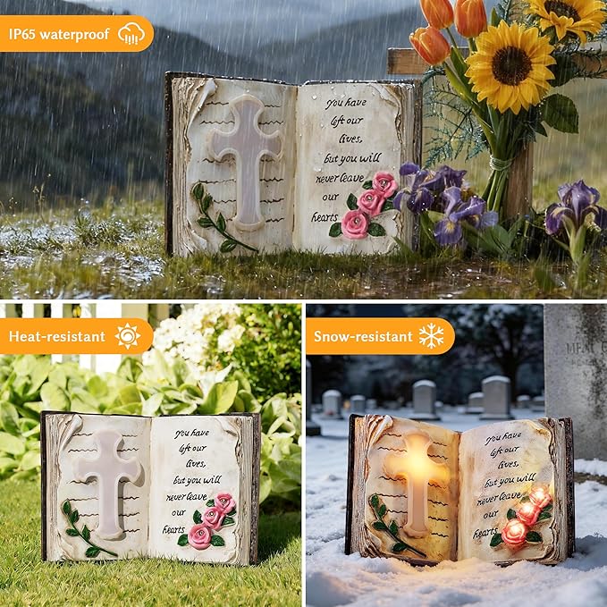 KARTOOSH Solar Bible Cross Garden Statue, Memorial Cross Flower Light with Stakes, Grave Decoration Gift for Cemetery Yard Lawn Patio Pathway Outdoor Decor