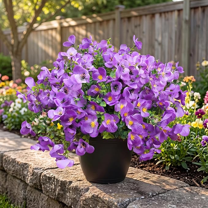 Artificial Flowers for Outdoor, UV Resistant Fake Silk Pansies Flowers, Realistic Faux Plants for Outside Indoor Porch Patio Window Box Planter Home Decor (16, Purple)