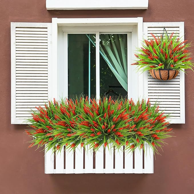 Sggvecsy 12 Bundles Artificial Plants Outdoor Faux Lavender Flowers Fake Monkey Grass UV Resistant Plastic Greenery Plants for Garden Home Porch Window Patio Hanging Planter Indoor Decor (Red)