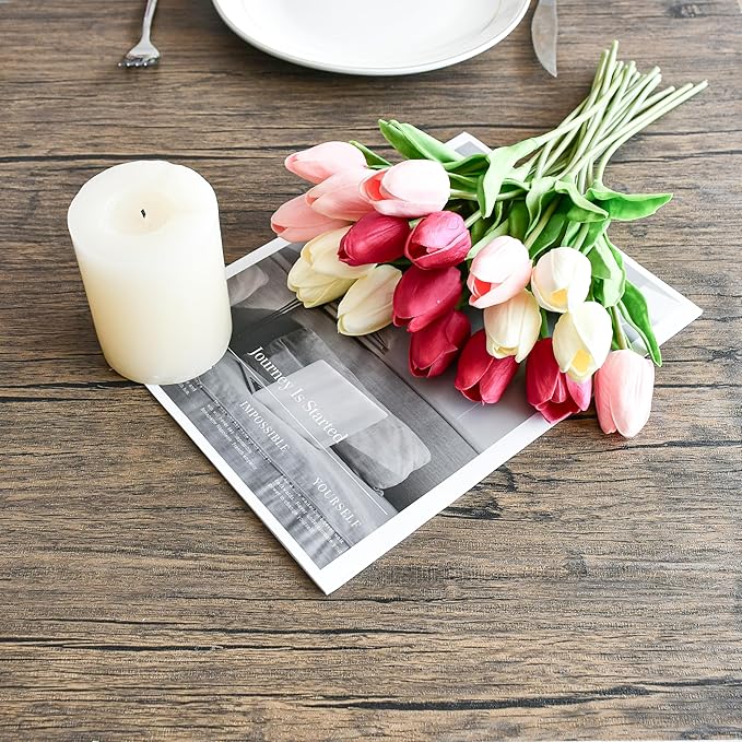 Mandy's Shades of Pink Artificial Tulips Flowers Centerpiece, 13.5" Lifelike PU Fake Floral Stems 20pcs for Kitchen Island & Dining Table, Spring Decor for Easter