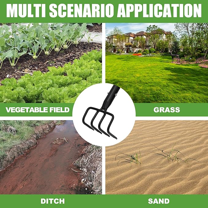 BARAYSTUS Long Hand Cultivator, Carbon Steel & Stainless Steel Tiller Cultivator, Garden Cultivator with Telescopic Handle and Soft Handle Cover, Hand Tiller for Digging Loosening Weeding