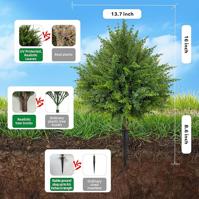 24.5 Inch (H) Artificial Cedar Topiary Ball Trees, Set of 4 UV Resistant Fake Shrub Bushes with Ground Spikes, Faux Outdoor Plants for Garden, Patio, Front Porch & Indoor Decor (4)
