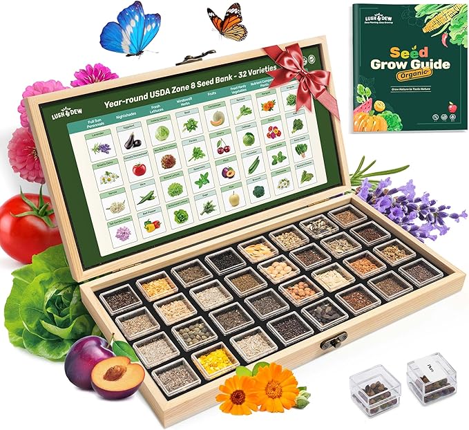 USDA Zone 8 Heirloom Seed Bank, 30,000+ Non-GMO 32 Varieties of Heirloom Seeds for Planting Vegetables Herbs, Survival Seed Kit for Raised Garden Bed Greenhouse, Gardening Gifts for Women Men