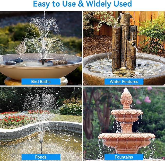 POPOSOAP Solar Fountain Pump for Bird Bath, 6.5W Solar Water Fountain Pump with Dry-Run Protection & Double-Layer Nozzles 5Ft Tubing for Pond, Bird Bath, Backyard Water Features